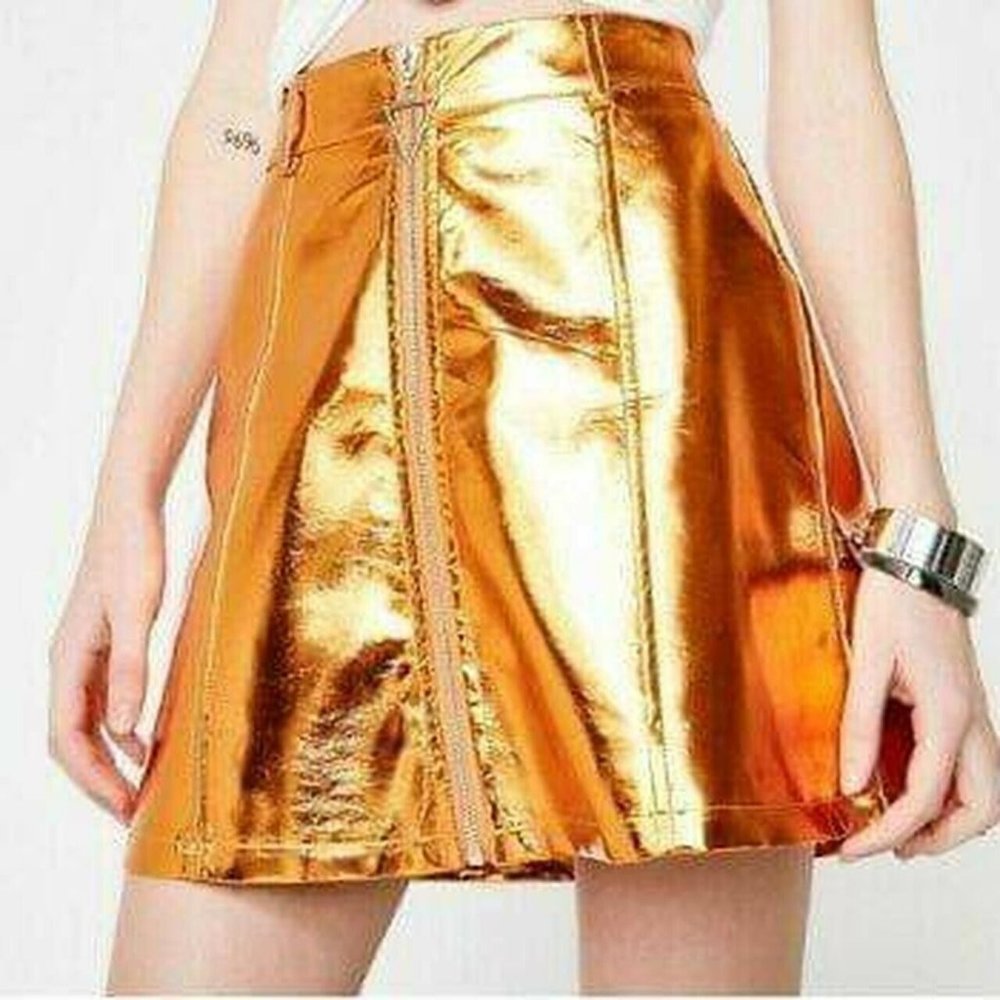 As I Am Brand Metallic Copper Gold Vegan Leather Mini Skirt Size XS Club Rave